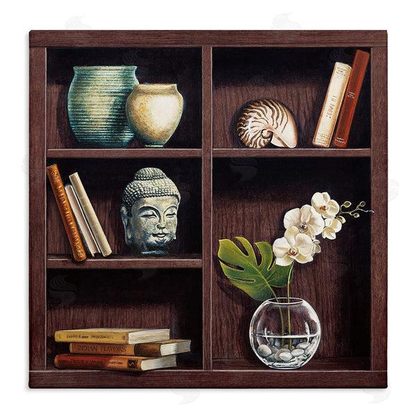 stupell industries Isabella Rossetti | Eastern Culture Inspired Bookshelf with Floral Vase Still-Life Wall Art