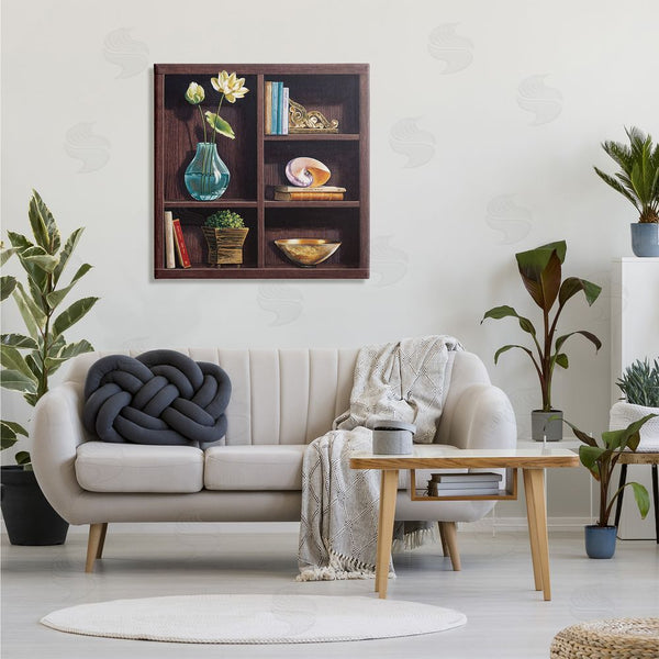 Stupell Industries Isabella Rossetti | Elegant Bookshelf Still-Life With Lotus Floral Vase Wall Art
