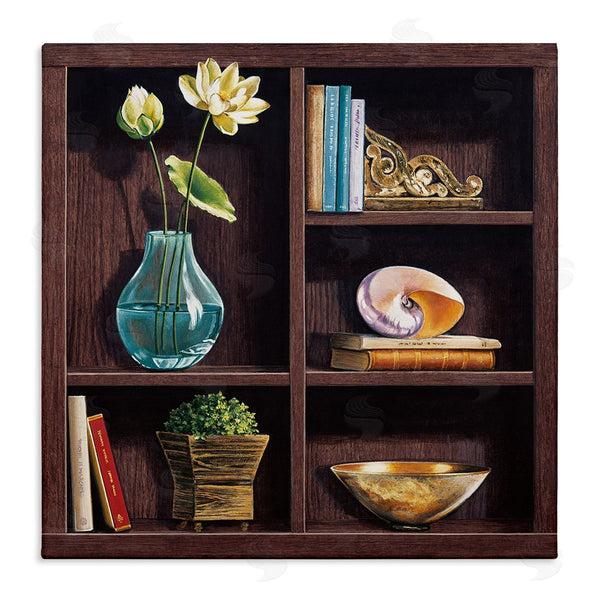 stupell industries Isabella Rossetti | Elegant Bookshelf Still-Life with Lotus Floral Vase Wall Art