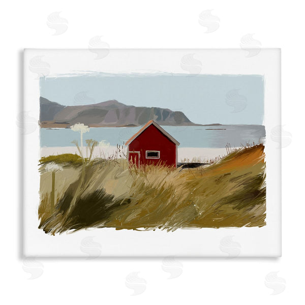 stupell industries J. Weiss | Lakeside Rural Red House Distant Mountain View Wall Art