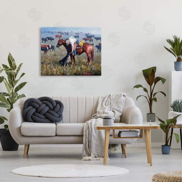 Stupell Industries Jack Sorenson | Cowboy Petting Shepherd Farm Dog Cattle Grasslands Landscape Wall Art