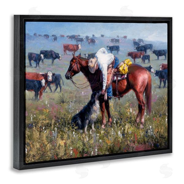 Stupell Industries Jack Sorenson | Cowboy Petting Shepherd Farm Dog Cattle Grasslands Landscape Wall Art