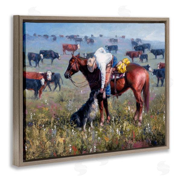 Stupell Industries Jack Sorenson | Cowboy Petting Shepherd Farm Dog Cattle Grasslands Landscape Wall Art