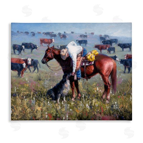 stupell industries Jack Sorenson | Cowboy Petting Shepherd Farm Dog Cattle Grasslands Landscape Wall Art