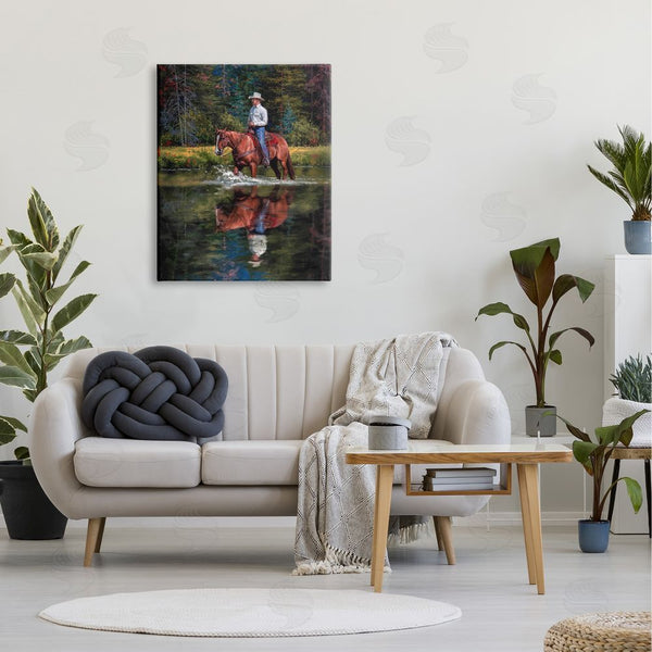 Stupell Industries Jack Sorenson | Cowboy Riding Horse Wild West Shallow River Woodland Wall Art
