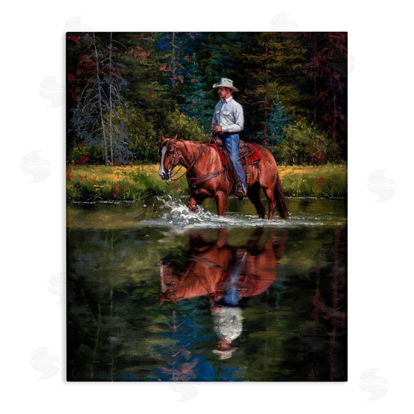 stupell industries Jack Sorenson | Cowboy Riding Horse Wild West Shallow River Woodland Wall Art