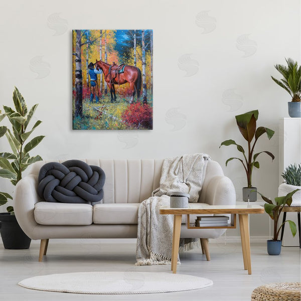 Stupell Industries Jack Sorenson | Cowboy Strapping Colt Horse Wild West Fall Forest Wall Art