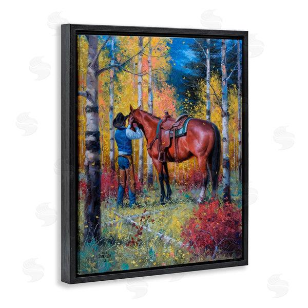 Stupell Industries Jack Sorenson | Cowboy Strapping Colt Horse Wild West Fall Forest Wall Art