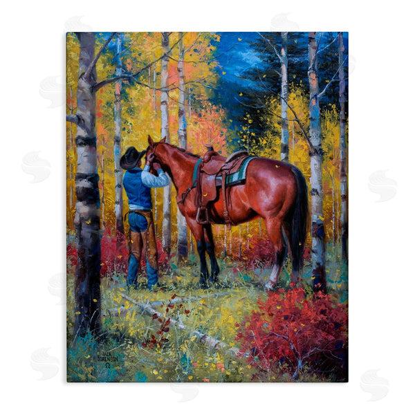 stupell industries Jack Sorenson | Cowboy Strapping Colt Horse Wild West Fall Forest Wall Art