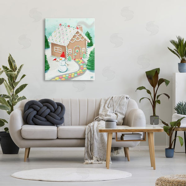 Stupell Industries Jackie Quigley | Playful Gingerbread House Christmas Landscape Happy Snowman Wall Art
