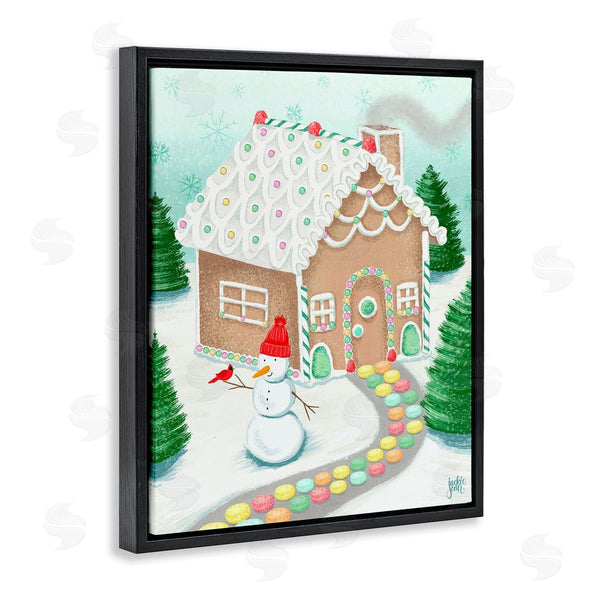 Stupell Industries Jackie Quigley | Playful Gingerbread House Christmas Landscape Happy Snowman Wall Art