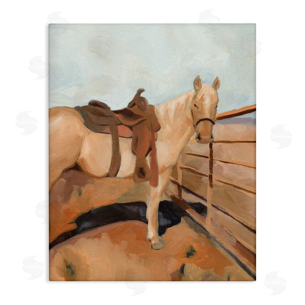 stupell industries Jacob Green | Saddled Horse Southwestern Field Farm Fence Orange Blue Wall Art