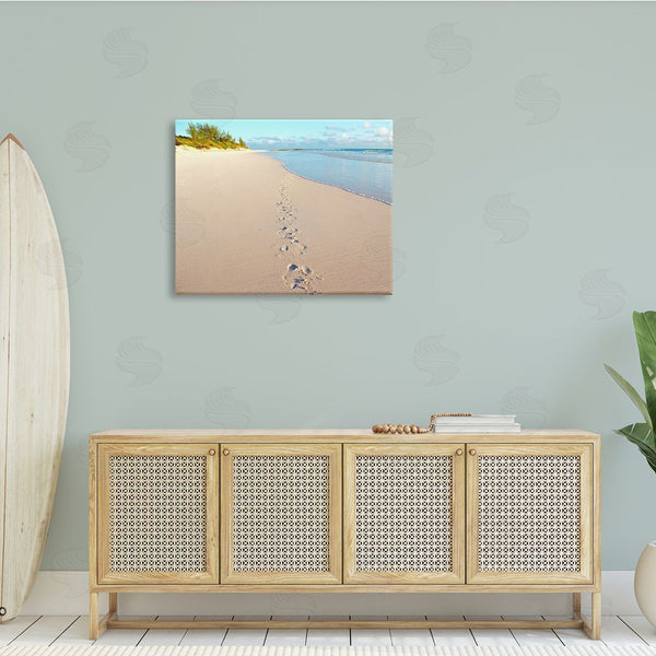 Stupell Industries Jairo Rodriguez | Sandy Footprints Across Beach Coastline Cloudy Nautical Horizon Wall Art