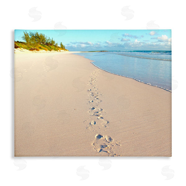 stupell industries Jairo Rodriguez | Sandy Footprints Across Beach Coastline Cloudy Nautical Horizon Wall Art