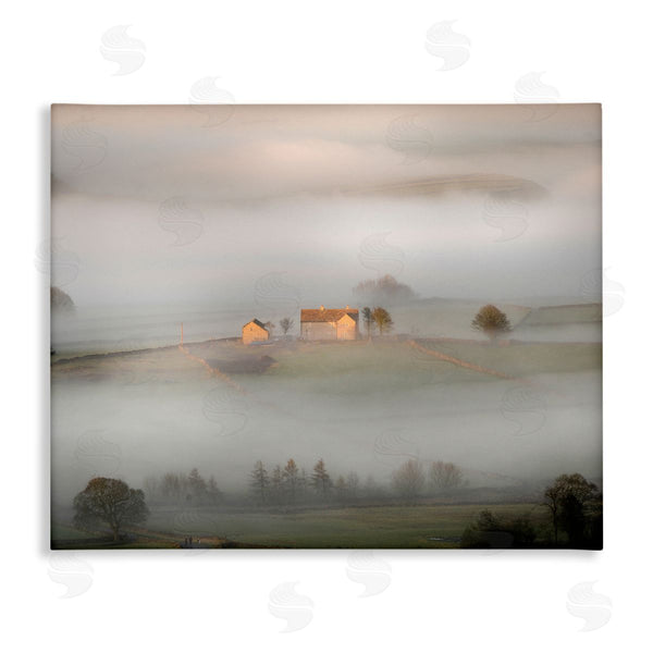 stupell industries James Dobson | Lone Misty Cottage Rural Fields Thick Fog Wall Art