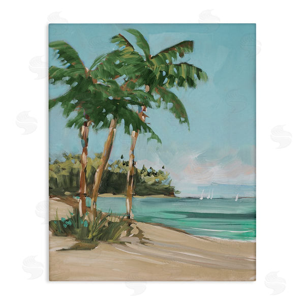 stupell industries Jane Slivka | Contemporary Summer Palm Tree Coast Line Distant Boats Wall Art