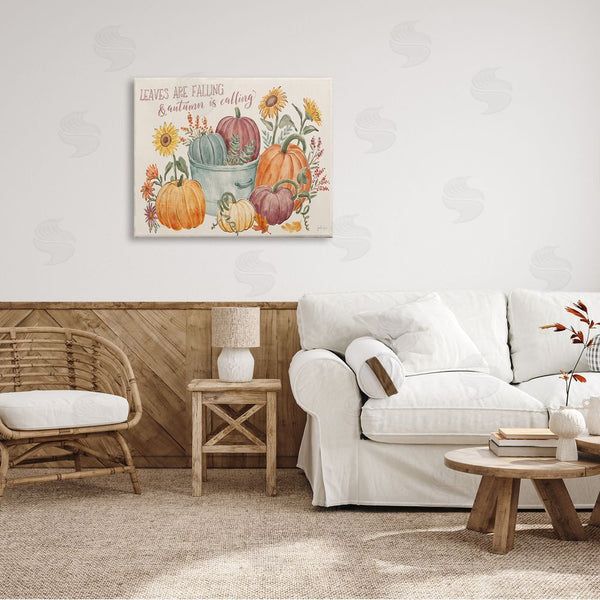 Stupell Industries Janelle Penner | Leaves Falling Autumn Is Calling Phrase Pumpkin Baskets Wall Art