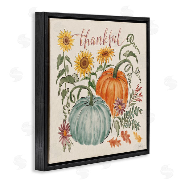 Stupell Industries Janelle Penner | Thankful Text Autumnal Flower Blossoms Pumpkins Design Wall Art