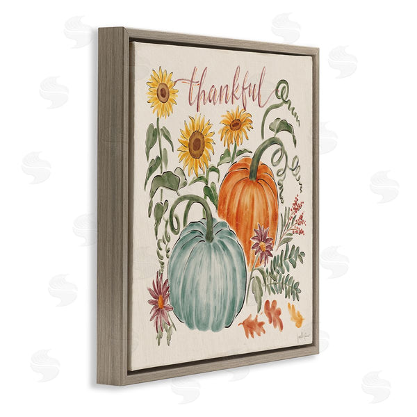 Stupell Industries Janelle Penner | Thankful Text Autumnal Flower Blossoms Pumpkins Design Wall Art