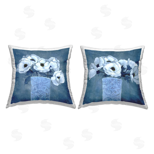 stupell industries Janet Tava | Blue and White Poppies Printed Throw Pillow Set