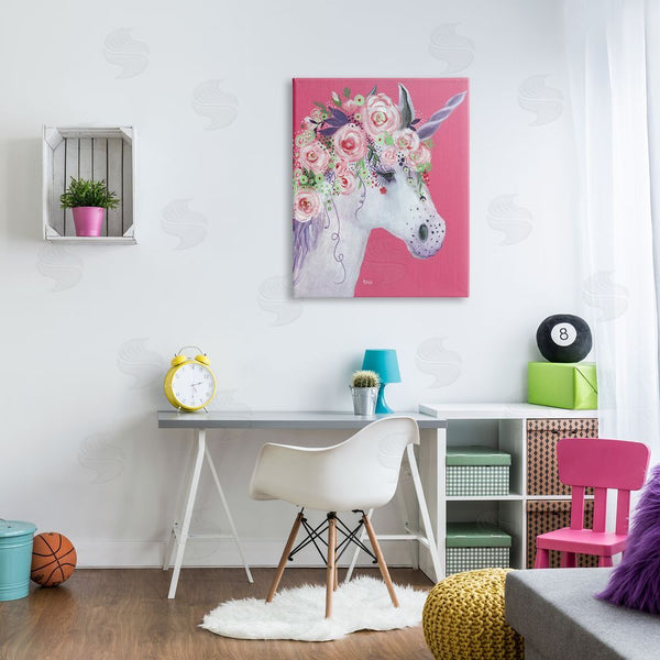 Stupell Industries Janet Tava | Pink Florals Purple Unicorn Mythical Animal Portrait Wall Art