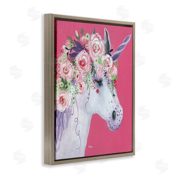 Stupell Industries Janet Tava | Pink Florals Purple Unicorn Mythical Animal Portrait Wall Art
