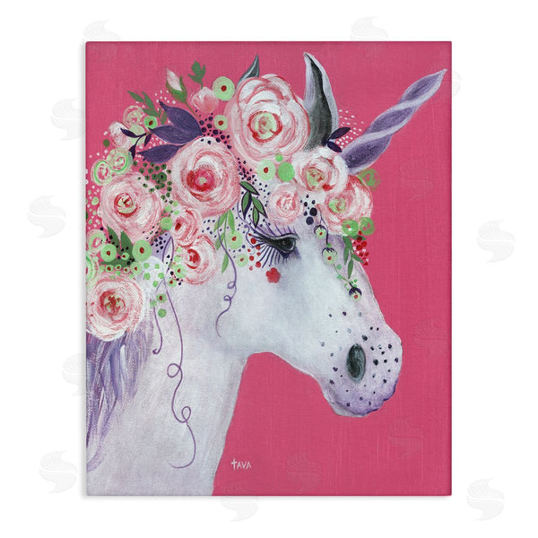 stupell industries Janet Tava | Pink Florals Purple Unicorn Mythical Animal Portrait Wall Art