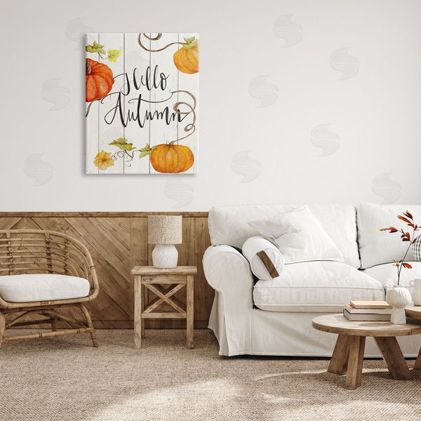 Stupell Industries Janice Gaynor | Hello Autumn Calligraphy Sign Rustic Pumpkin Vines Wall Art