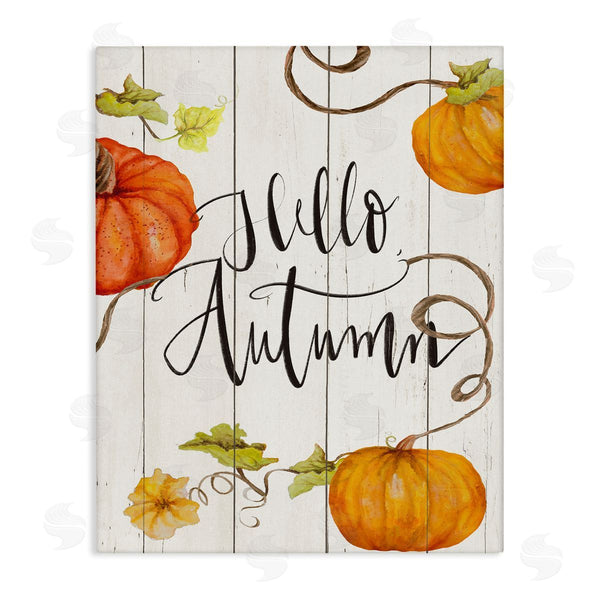 stupell industries Janice Gaynor | Hello Autumn Calligraphy Sign Rustic Pumpkin Vines Wall Art
