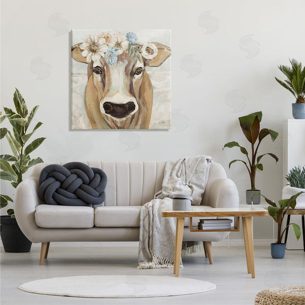 Stupell Industries Jeanette Vertentes | Big Nose Boho Farm Cow Daisy Flower Crown Wall Art