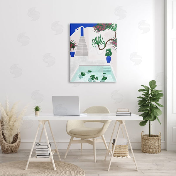 Stupell Industries Jen Bucheli | Modern Outdoor Pool Scene European Villa Monstera Leaves Wall Art