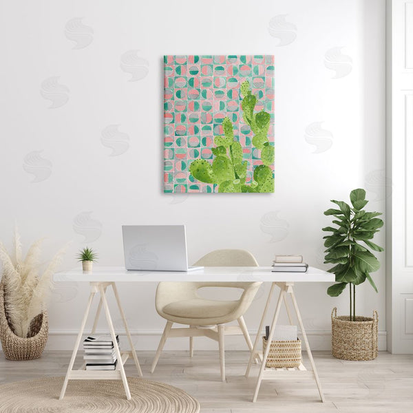 Stupell Industries Jen Bucheli | Prickly Pear Desert Cactus Over Geometric Pink Pattern Wall Art