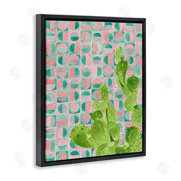Stupell Industries Jen Bucheli | Prickly Pear Desert Cactus Over Geometric Pink Pattern Wall Art
