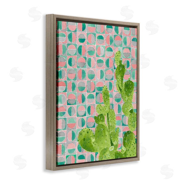 Stupell Industries Jen Bucheli | Prickly Pear Desert Cactus Over Geometric Pink Pattern Wall Art