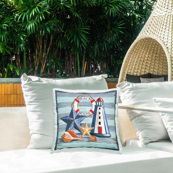 Stupell Industries Jennifer Brinley | Rustic Beach House On Stripes Printed Throw Pillow