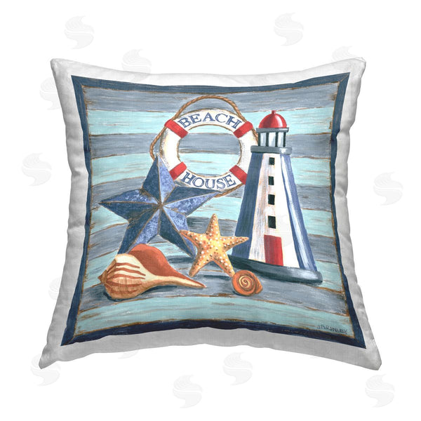 stupell industries Jennifer Brinley | Rustic Beach House on Stripes Printed Throw Pillow