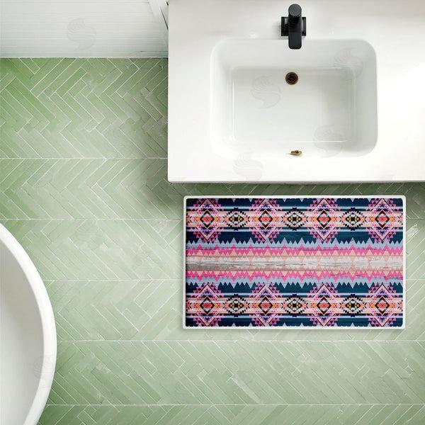 Stupell Industries Jennifer Ellory | Boho Geometric Pink & Blue Plush Bath Mat