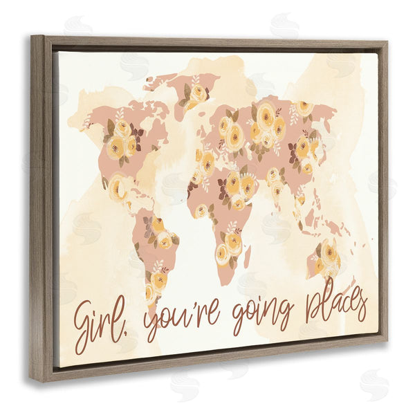 Stupell Industries Jennifer Ellory | Girl You're Going Places Yellow Flower Blossom Map Wall Art