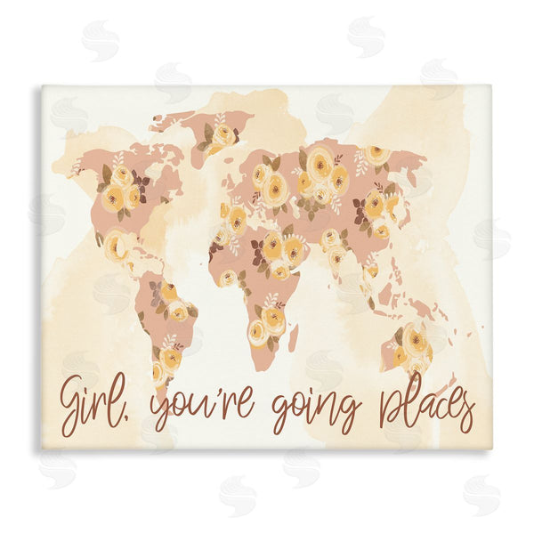stupell industries Jennifer Ellory | Girl You're Going Places Yellow Flower Blossom Map Wall Art