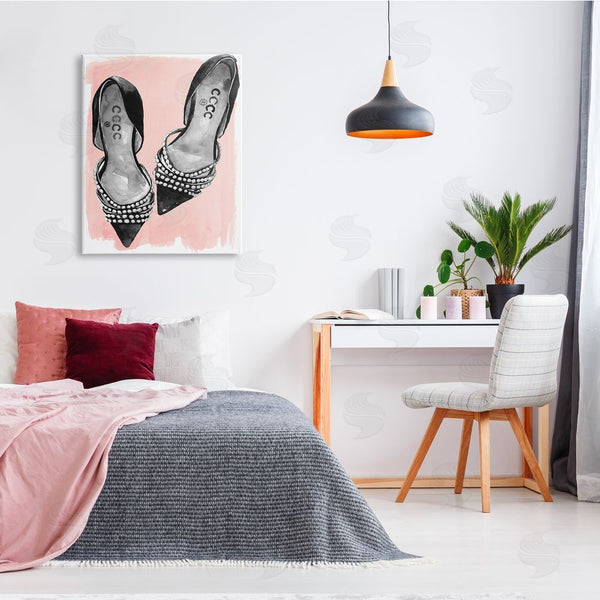 Stupell Industries Jennifer Paxton Parker | Fashion Forward Black Heels Glam Shoes Over Pink Wall Art