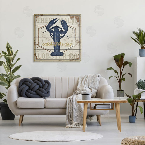 Stupell Industries Jennifer Pugh | Catch Of The Day Vintage Blue Lobster Plank Pattern Wall Art