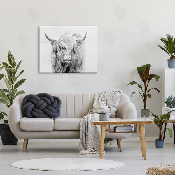 Stupell Industries Jennifer Pugh | Expressive Highland Cattle Monochrome Animal Portrait Wall Art