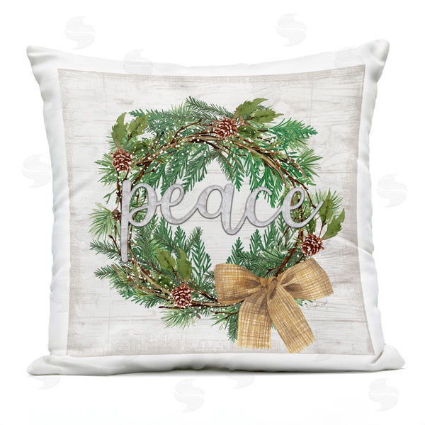 Stupell Industries Jennifer Pugh | Holiday Botanical Wreath Bow Peace Typography Printed Throw Pillow