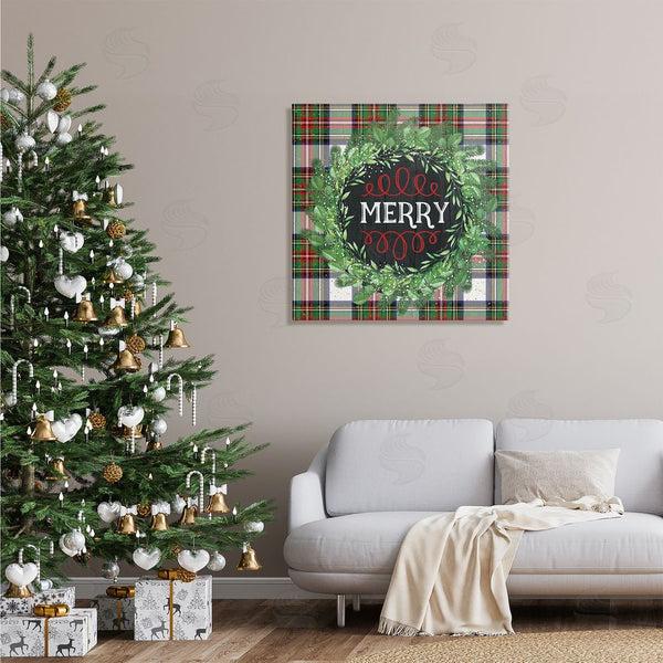 Stupell Industries Jennifer Pugh | Merry Sentiment Winter Pine Wreath Green Christmas Plaid Wall Art