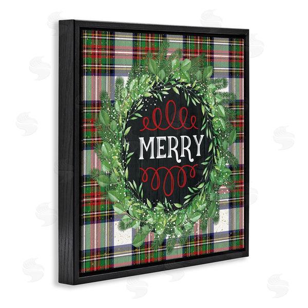 Stupell Industries Jennifer Pugh | Merry Sentiment Winter Pine Wreath Green Christmas Plaid Wall Art