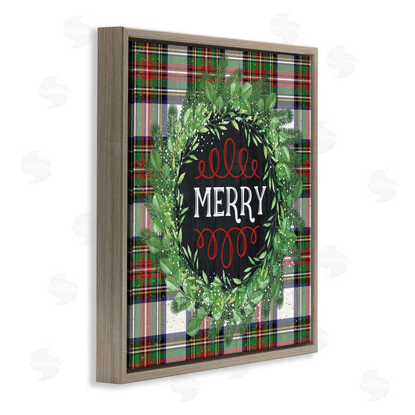Stupell Industries Jennifer Pugh | Merry Sentiment Winter Pine Wreath Green Christmas Plaid Wall Art