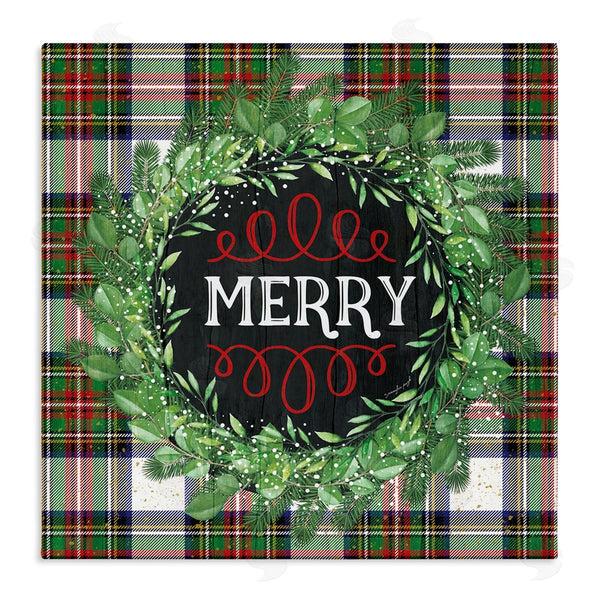 stupell industries Jennifer Pugh | Merry Sentiment Winter Pine Wreath Green Christmas Plaid Wall Art
