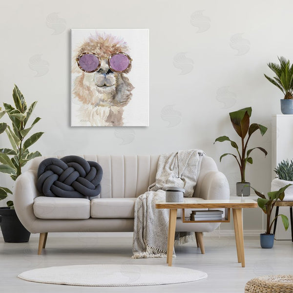 Stupell Industries Jennifer Redstreake | Fluffy Alpaca Fun Purple Glam Sunglasses Portrait Wall Art