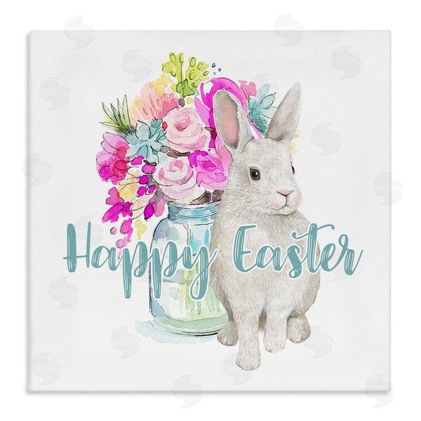stupell industries Jennifer Wambach | Happy Easter Calligraphy Bunny Pink Flower Bouquet Wall Art