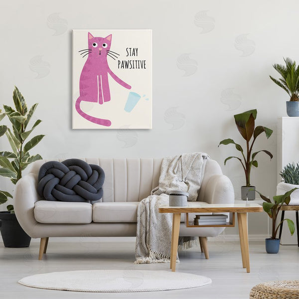 Stupell Industries Jennifer Wambach | Stay Pawsitive Endearing Pink Cat Knocking Over Glass Wall Art